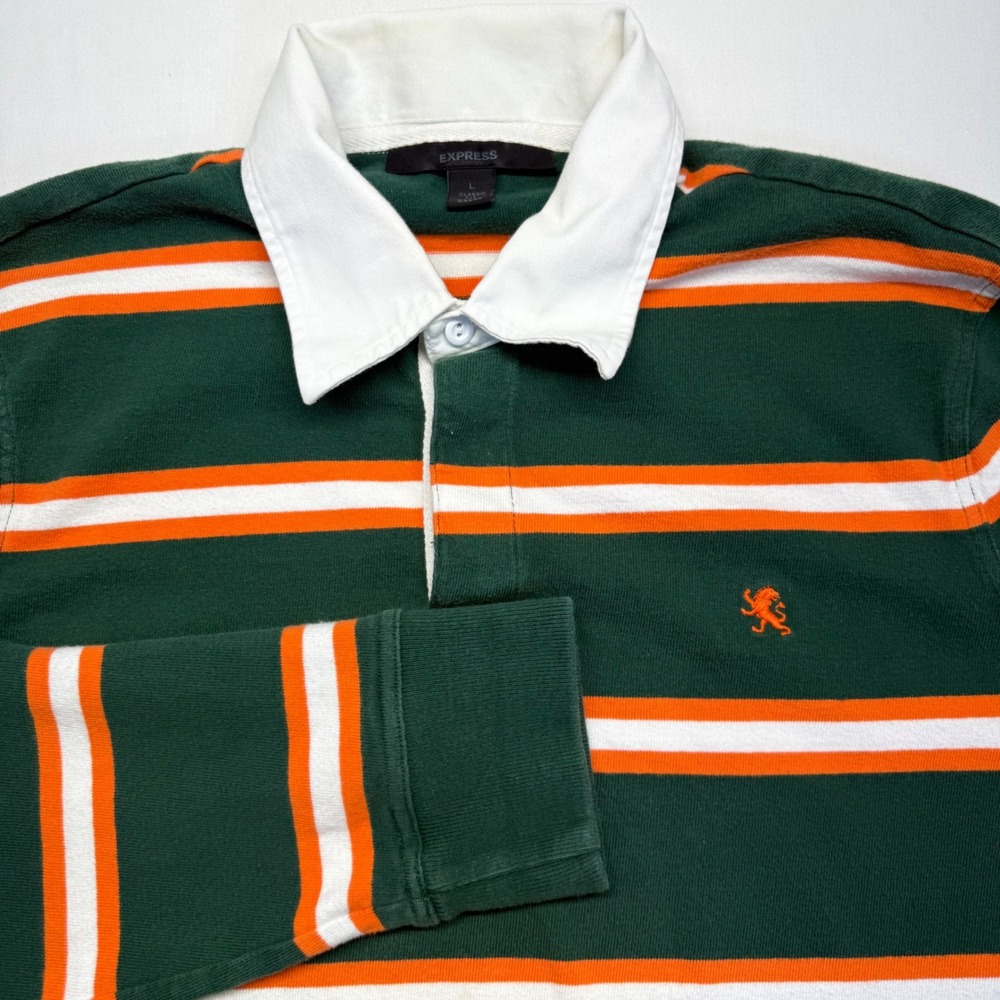 Vintage Express Rugby Polo Shirt Green Orange Striped Preppy 90s Collegiate L